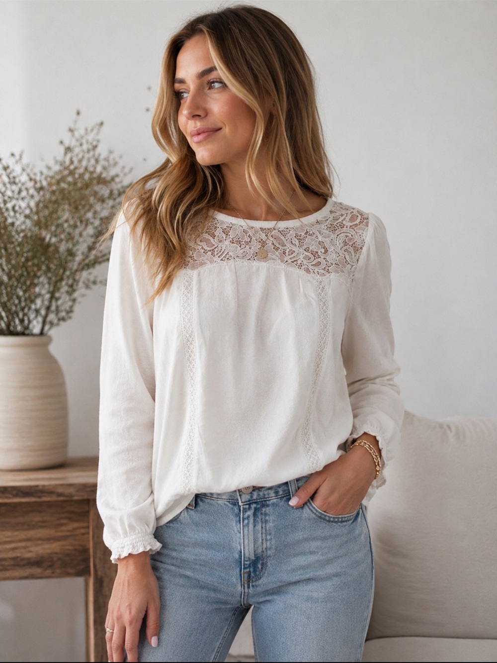 Anthropologie Joie White Lace Long Sleeve Peasant Blouse Small Boho - Picture 2 of 6